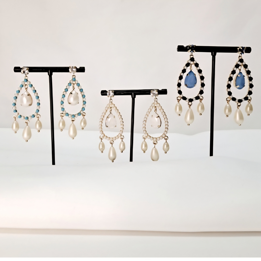 Lot Of 3 Elegant Pearl and Blue Teardrop Earrings Never Worn